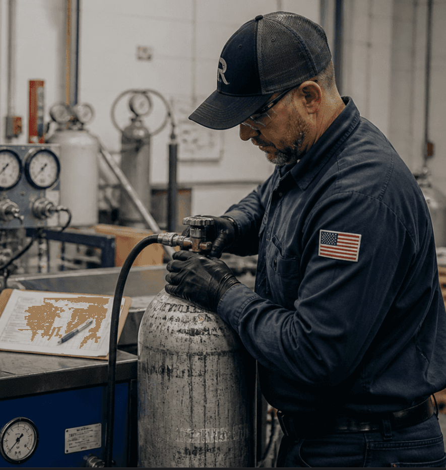 Hydrostatic test technician preparing a compressed-gas cylinder for requalification